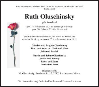 Traueranzeige von Ruth Oluschinsky von KRZ