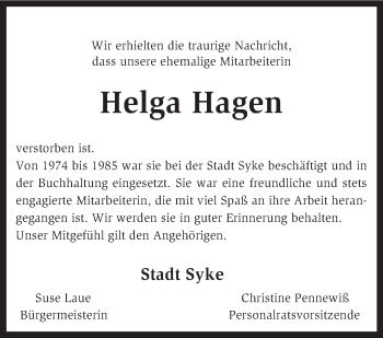 Traueranzeige von Helga Hagen von KRZ