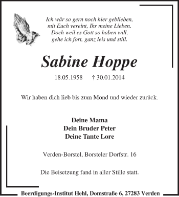 Traueranzeige von Sabine Hoppe von KRZ