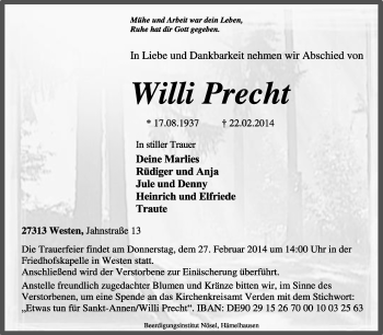 Traueranzeige von Willi Precht von KRZ