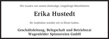 Traueranzeige von Erika Hustedt von KRZ