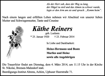 Traueranzeige von Käthe Reiners von KRZ