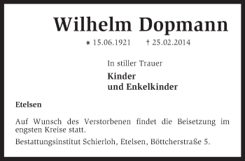 Traueranzeige von Wilhelm Dopmann von KRZ