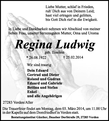 Traueranzeige von Regina Ludwig von KRZ