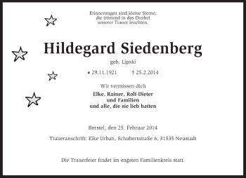 Traueranzeige von Hildegard Siedenberg von KRZ