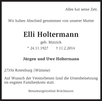 Traueranzeige von Elli Holtermann von KRZ