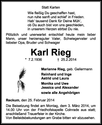 Traueranzeige von Karl Rieg von KRZ