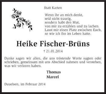 Traueranzeige von Heike Fischer-Brüns von KRZ