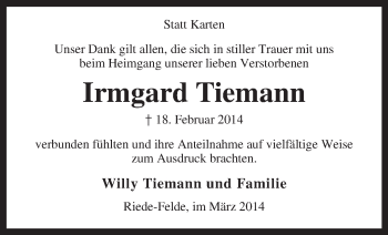 Traueranzeige von Irmgard Tiemann von KRZ