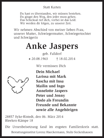 Traueranzeige von Anke Jaspers von KRZ