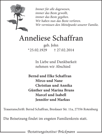 Traueranzeige von Anneliese Schaffran von KRZ