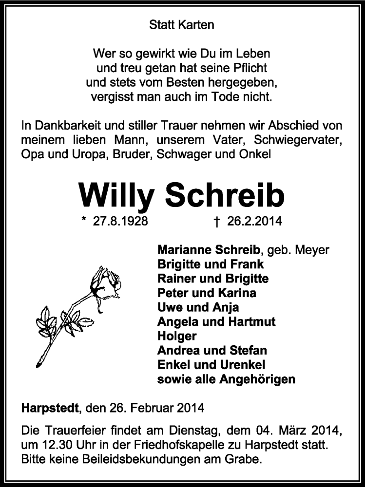  Traueranzeige für Willy Schreib vom 01.03.2014 aus KRZ