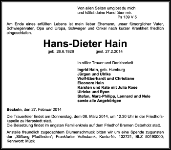 Traueranzeige von Hans-Dieter Hain von KRZ