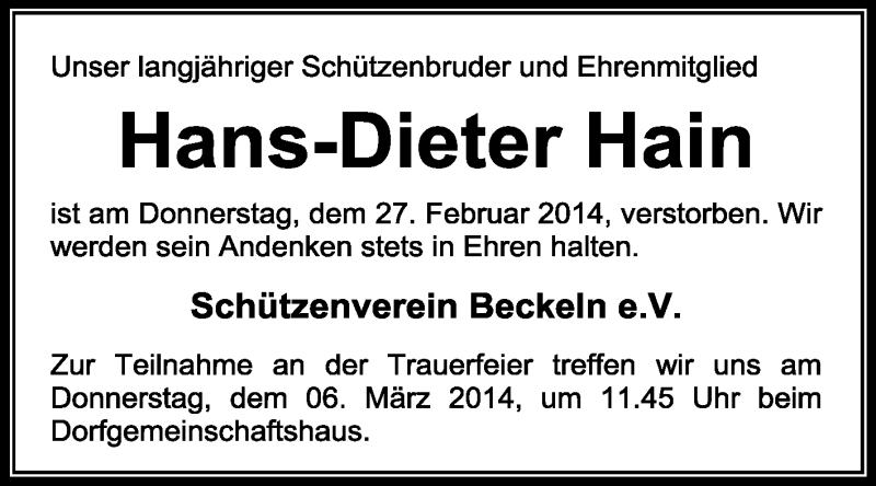  Traueranzeige für Hans-Dieter Hain vom 01.03.2014 aus KRZ