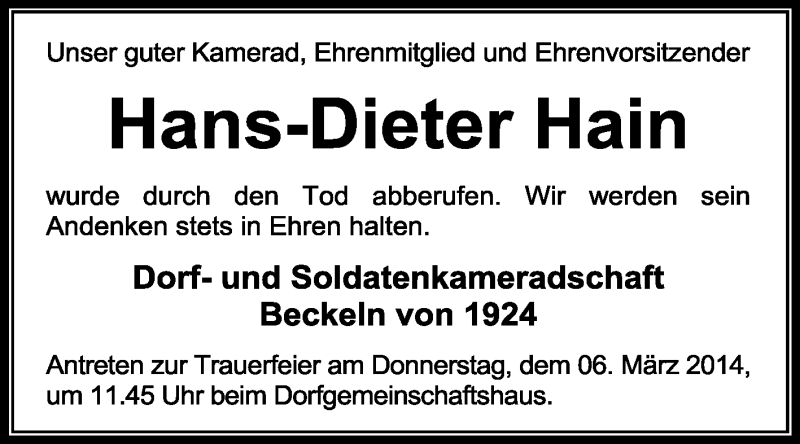  Traueranzeige für Hans-Dieter Hain vom 01.03.2014 aus KRZ