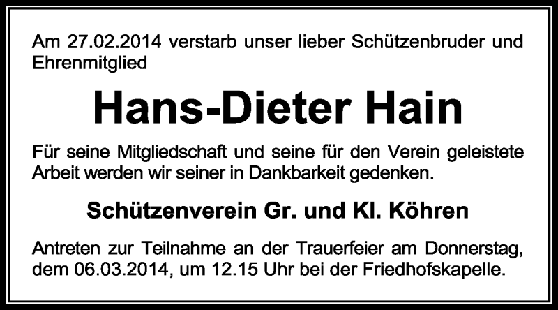  Traueranzeige für Hans-Dieter Hain vom 01.03.2014 aus KRZ