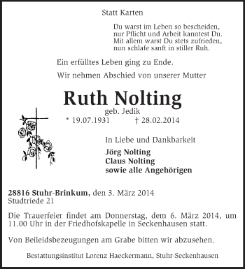 Traueranzeige von Ruth Nolting von KRZ