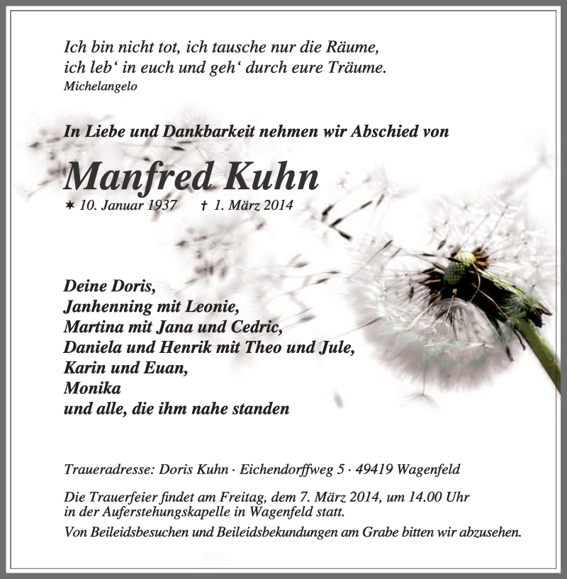  Traueranzeige für Manfred Kuhn vom 03.03.2014 aus KRZ