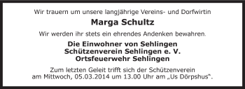 Traueranzeige von Marga Schultz von KRZ