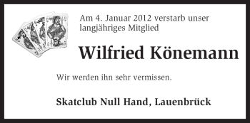 Traueranzeige von Wilfried Könemann von KREISZEITUNG SYKE