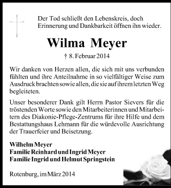 Traueranzeige von Wilma Meyer von KRZ