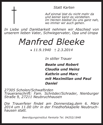 Traueranzeige von Manfred Bleeke von KRZ