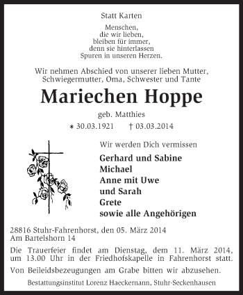 Traueranzeige von Mariechen Hoppe von KRZ