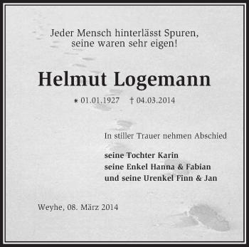 Traueranzeige von Helmut Logemann von KRZ