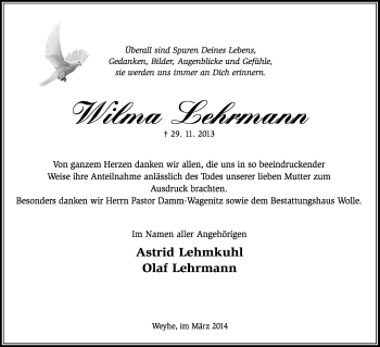 Traueranzeige von Wilma Lehrmann von KRZ