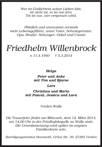 Traueranzeige von Friedhelm Willenbrock von KRZ