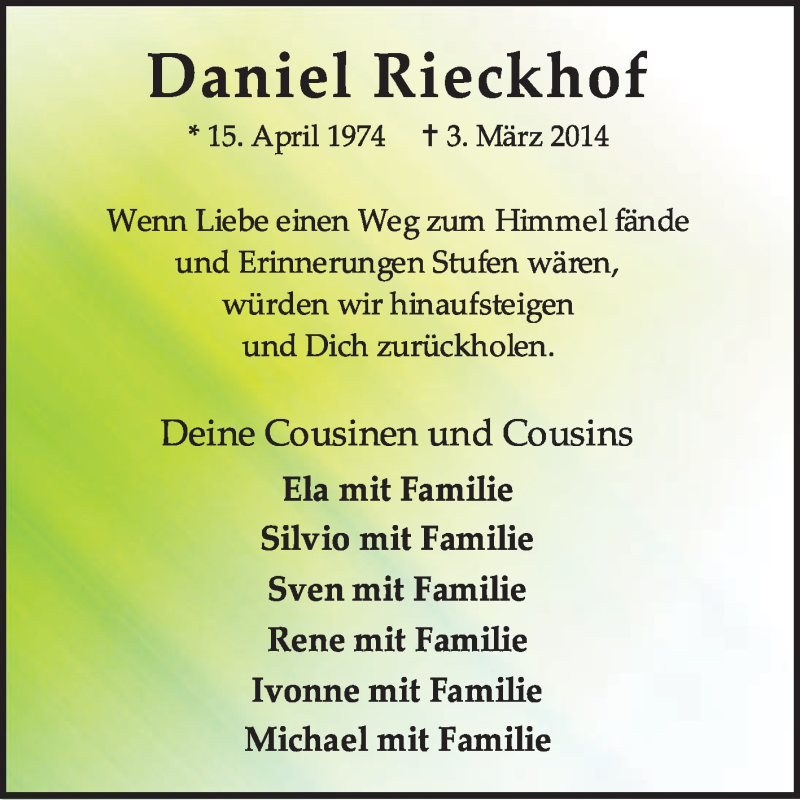  Traueranzeige für Daniel Rieckhof vom 08.03.2014 aus KRZ