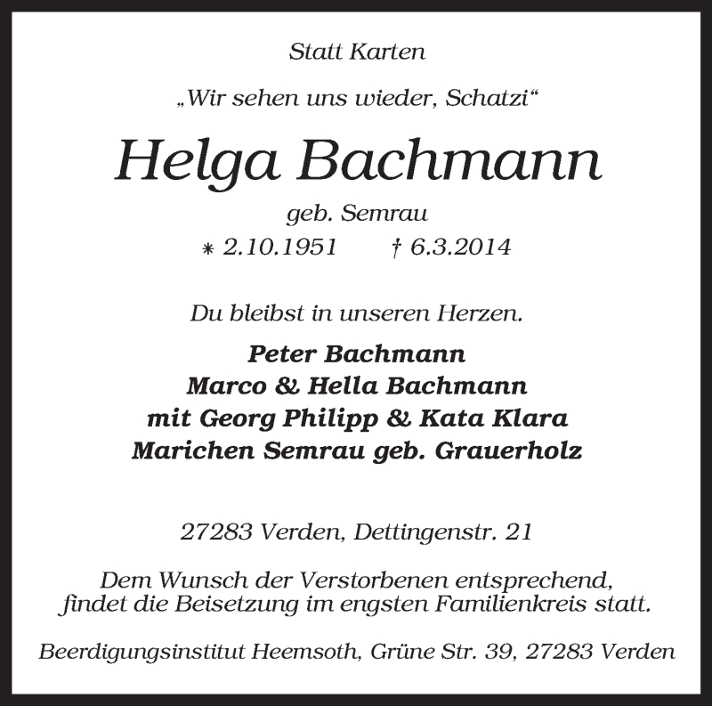  Traueranzeige für Helga Bachmann vom 10.03.2014 aus KRZ