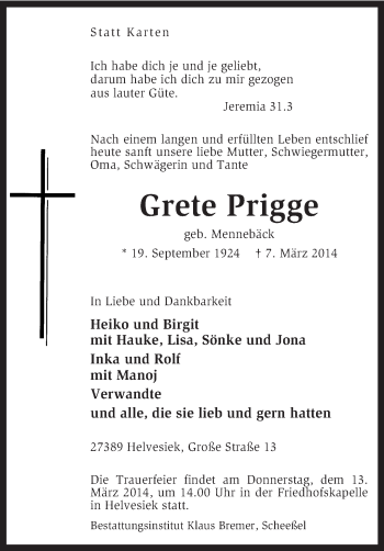 Traueranzeige von Grete Prigge von KRZ