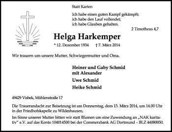 Traueranzeige von Helga Harkemper von KRZ