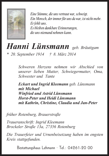 Traueranzeige von Hanni Lünsmann von KRZ