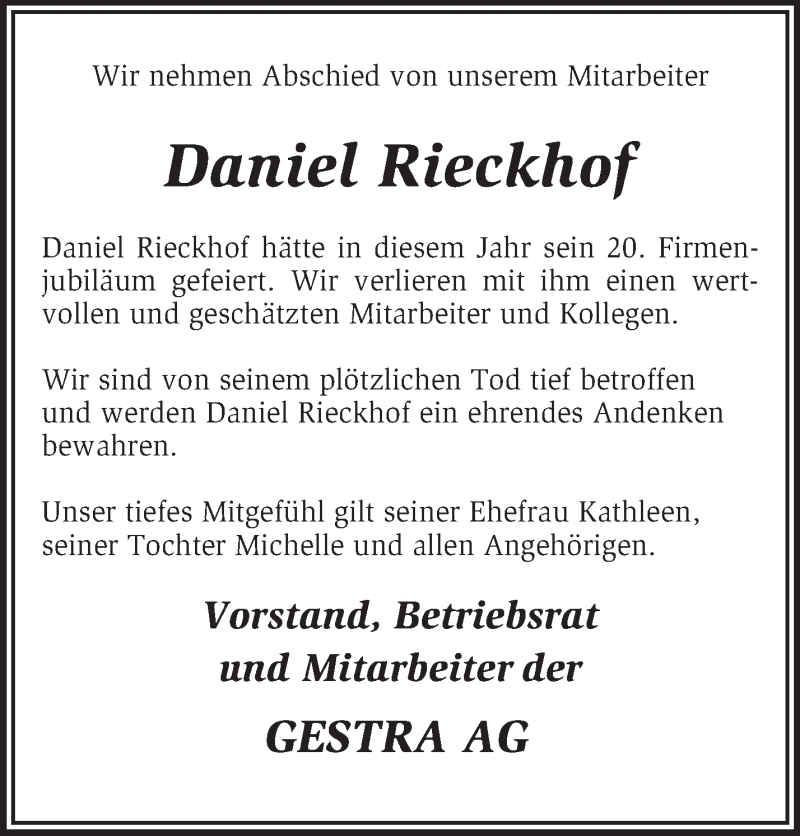  Traueranzeige für Daniel Rieckhof vom 12.03.2014 aus KRZ