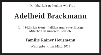 Traueranzeige von Adelheid Brackmann von KRZ