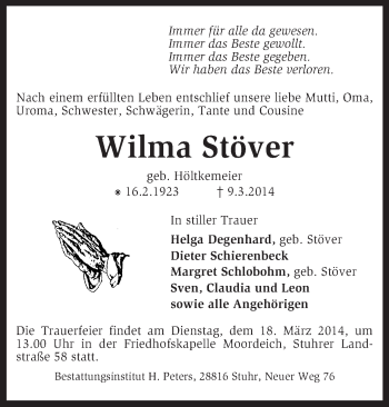 Traueranzeige von Wilma Stöver von KRZ