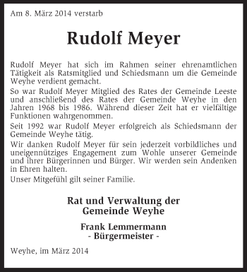 Traueranzeige von Rudolf Meyer von KRZ