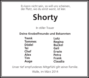 Traueranzeige von Shorty  von KRZ