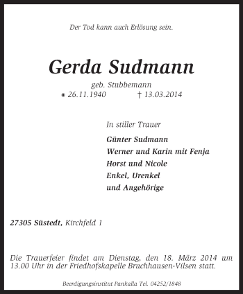 Traueranzeige von Gerda Sudmann von KRZ