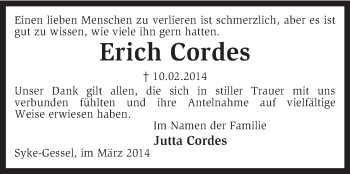 Traueranzeige von Erich Cordes von KRZ