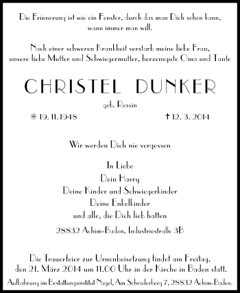 Traueranzeige von Christel Dunker von KRZ