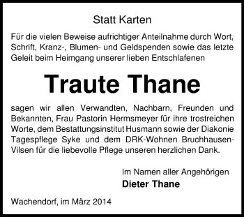 Traueranzeige von Traute Thane von KRZ