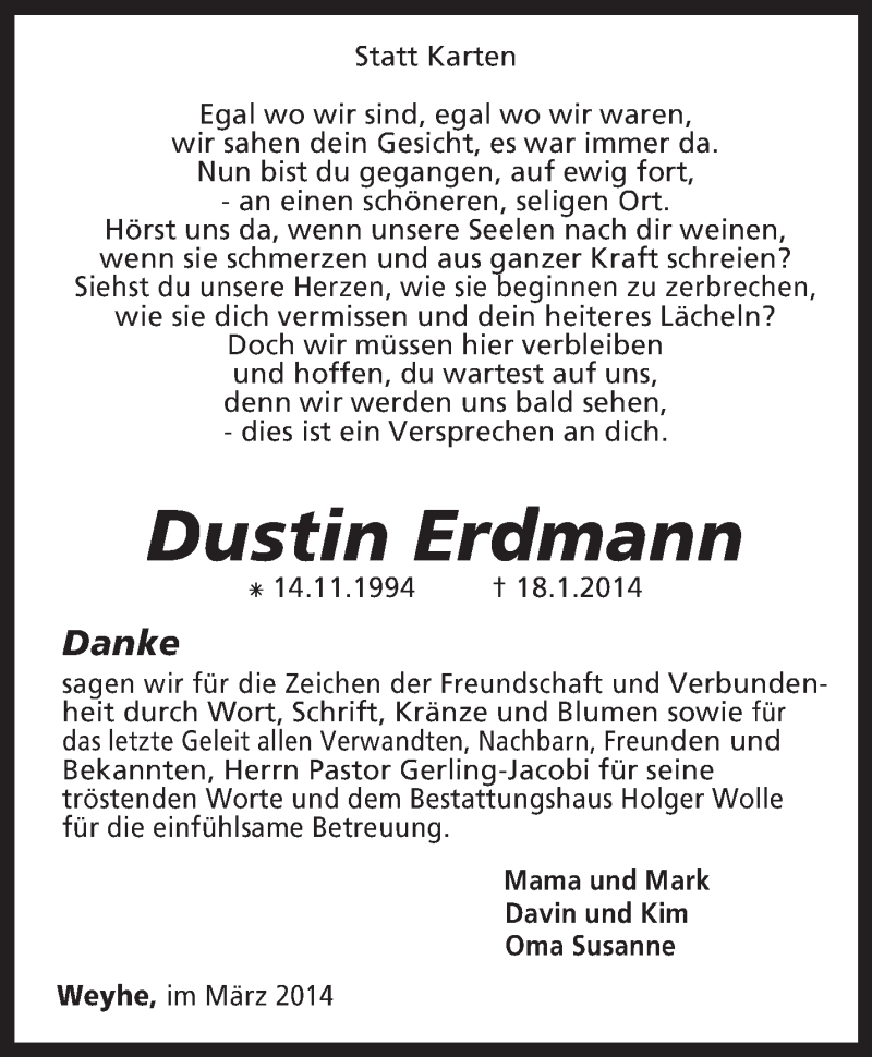  Traueranzeige für Dustin Erdmann vom 15.03.2014 aus KRZ