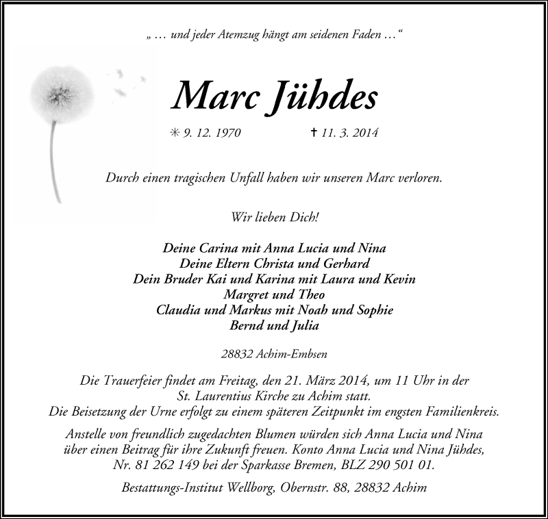  Traueranzeige für Marc Jühdes vom 15.03.2014 aus KRZ