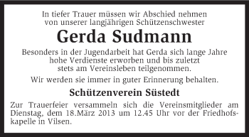 Traueranzeige von Gerda Sudmann von KRZ