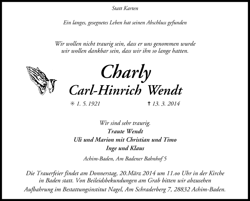  Traueranzeige für Carl-Hinrich Wendt vom 15.03.2014 aus KRZ