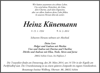 Traueranzeige von Heinz Künemann von KRZ