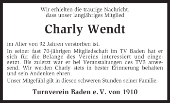 Traueranzeige von Charly Wendt von KRZ